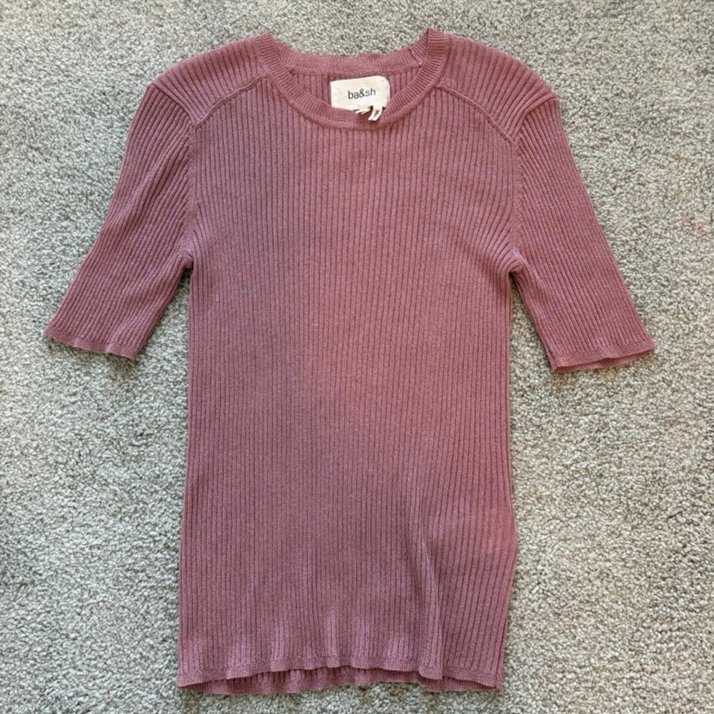 Ba&Sh‎ Zoe Metallic Top Womens 10 Large Pink Ribbed Knit Sweater Preppy Glam